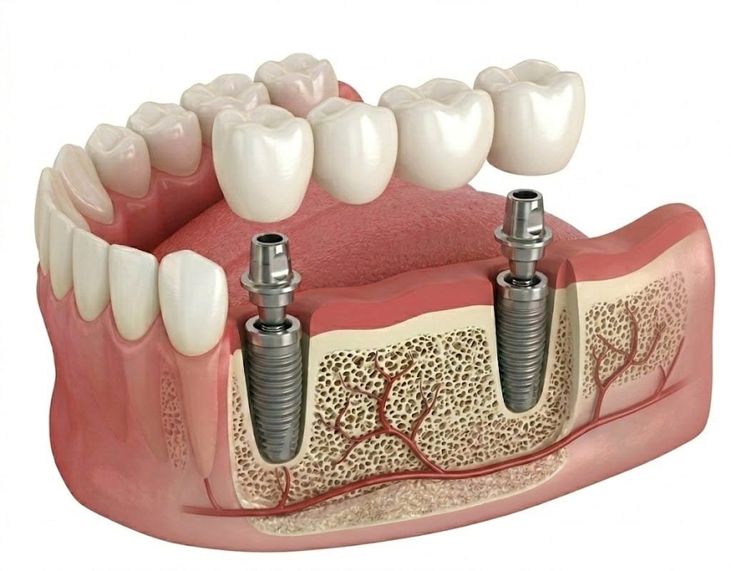 Puente de 4 piezas sobre implantes en Clínica Odontia Providencia