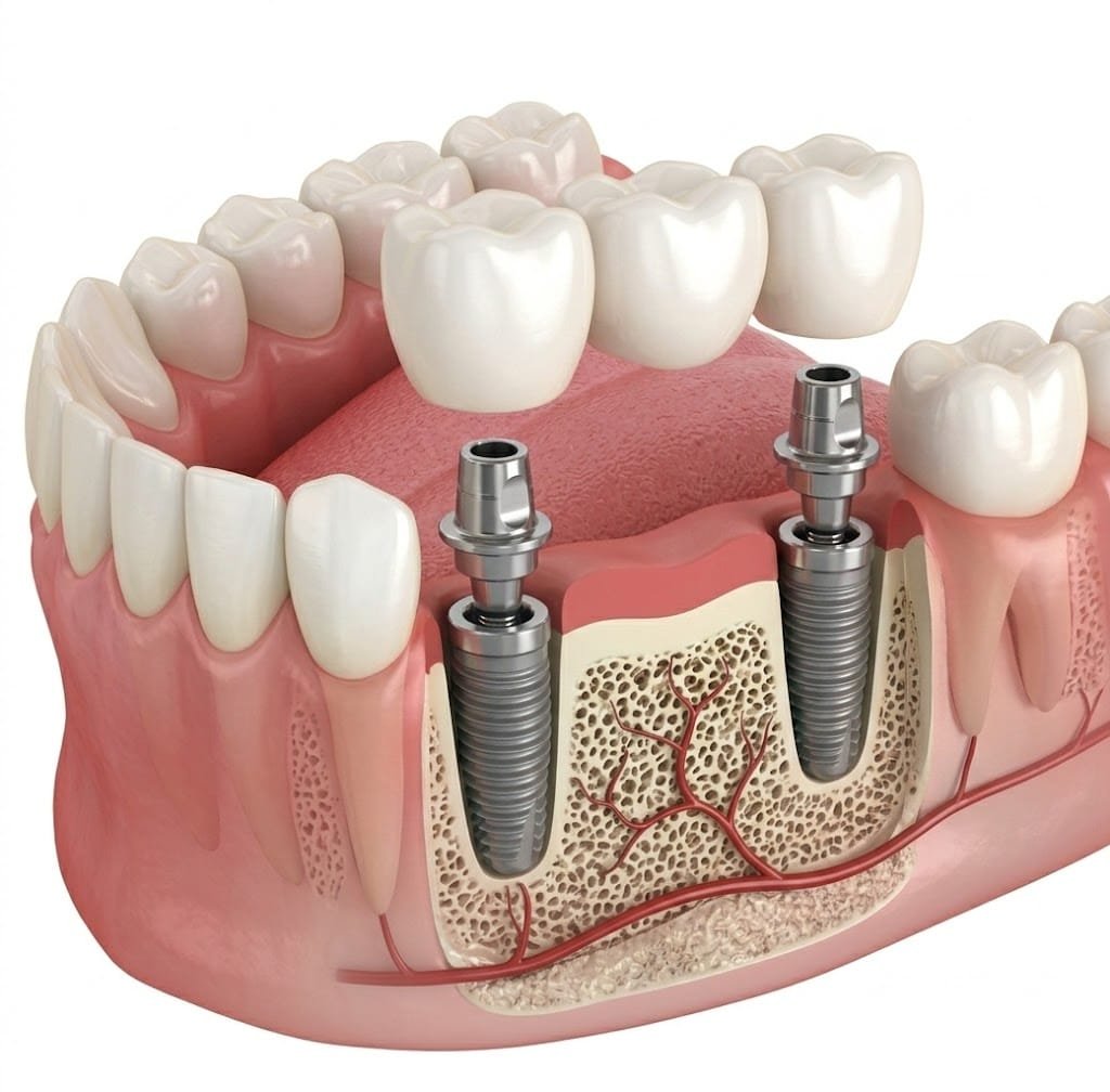 Puente de 3 piezas sobre implantes en Clínica Odontia